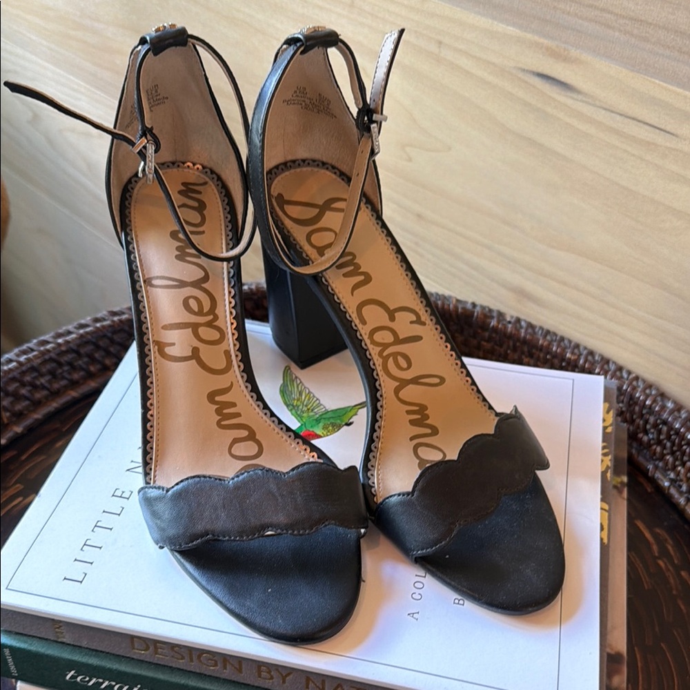 Sam Edelman Black Scalloped Ankle-Strap Block Heels